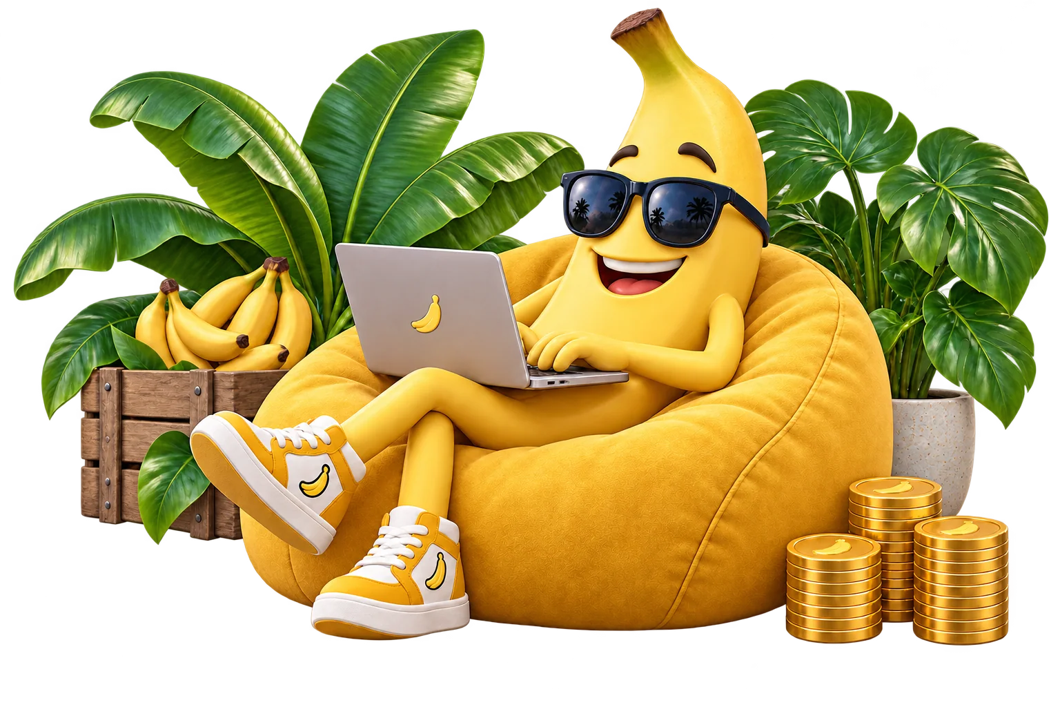 King Potassium mascot relaxing in a yellow chair with a laptop